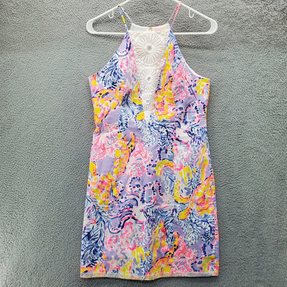 Lilly Pulitzer Pink Blue Yellow Floral Halter Mini Dress